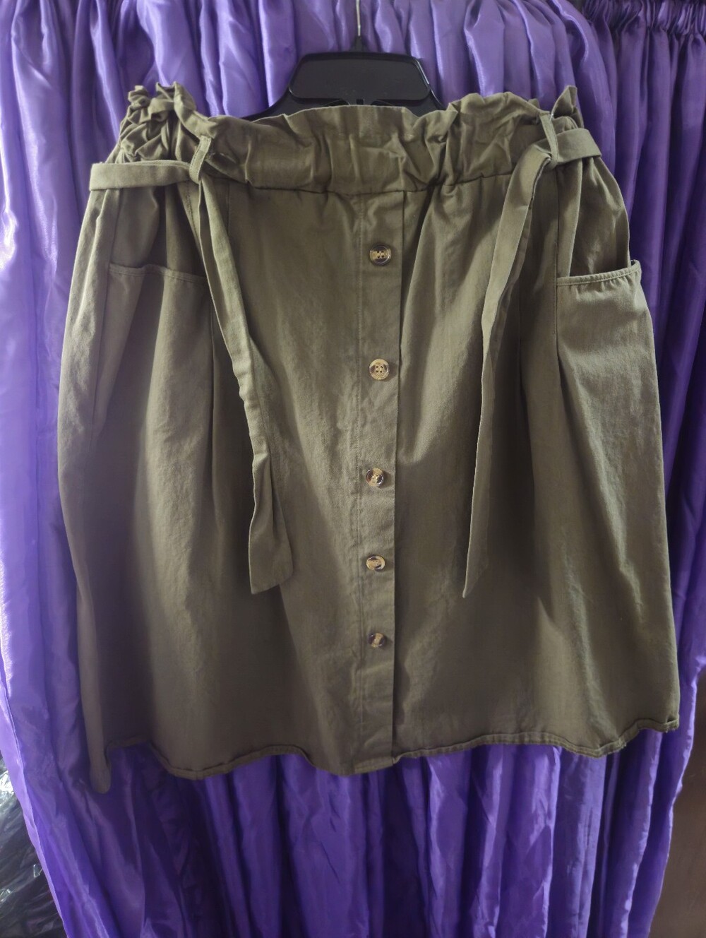 Olive Green Button-Front Paperbag Waist A-Line Skirt